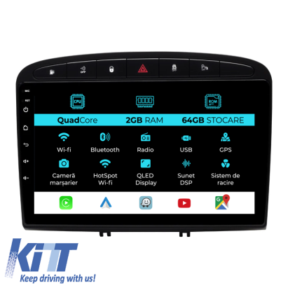 Navigatie Dedicata Peugeot 308 408 (2008-2013), 9Inch, 2Gb Ram, 64Gb Stocare, Carplay Performance AutoTuning