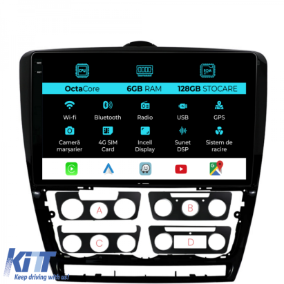 Navigatie Dedicata Skoda Octavia 2 (2004-2013), 10Inch, 6Gb Ram, 128Gb Stocare, Carplay Performance AutoTuning