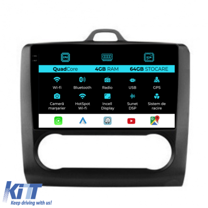 Navigatie Dedicata Ford Focus (2004-2012),QuadCore, 9Inch, 4Gb Ram, 64Gb Stocare, Carplay, Clima automata Performance AutoTuning