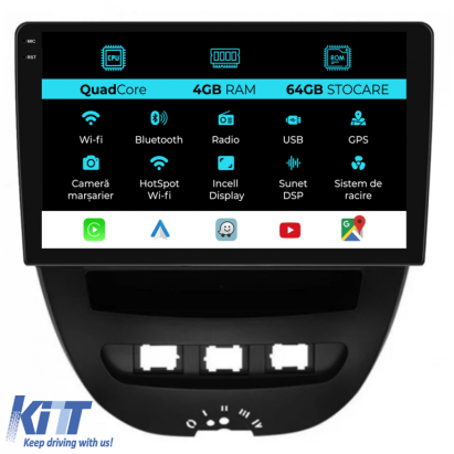 Navigatie Dedicata Peugeot 107 Citroen C1 Toyota Aygo (2005 - 2015),QuadCore, 10Inch, 4Gb Ram, 64Gb Stocare, Carplay Performance AutoTuning