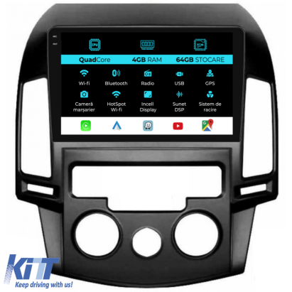 Navigatie Dedicata Hyundai I30 (2007-2012),QuadCore, 9Inch, 4Gb Ram, 64Gb Stocare, Carplay, Clima manuala Performance AutoTuning