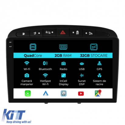 Navigatie Dedicata Peugeot 308 408 (2008-2013), 9Inch, 2Gb Ram, 32Gb Stocare, Carplay Performance AutoTuning