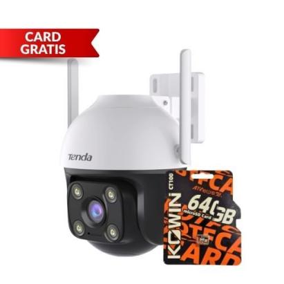 Kit camera de supraveghere de exterior Wi-Fi Tenda, Card memorie 64GB gratis, 4MP, Detectie AI, Dual-Lens 360, Audio bidirectional, IR 30m, Color noaptea, Alarma SafetyGuard Surveillance