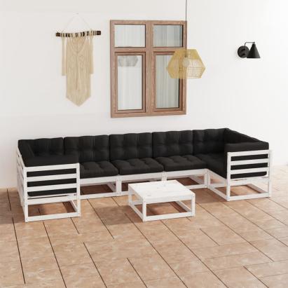 Set mobilier grădină cu perne, 8 piese, alb, lemn masiv de pin GartenMobel Dekor