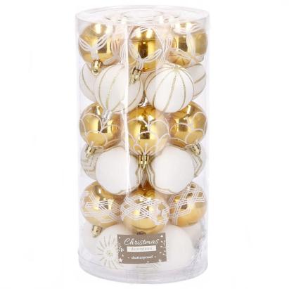 Set globuri de Craciun cu modele de sarbatori, 30 bucati, 7cm, alb auriu Household NewTrend