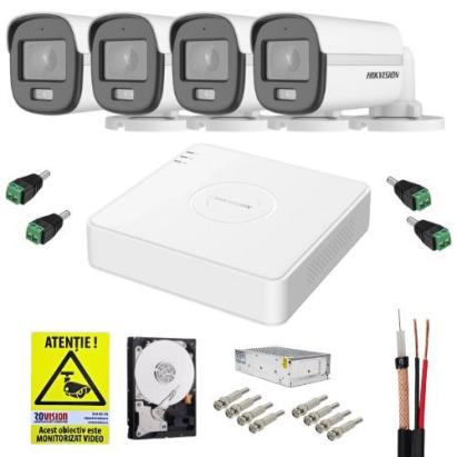Sistem supraveghere cu functii inteligente Hikvision, 4 camere 5MP 3K, ColorVu, Microfon, Lumina Alba 20m, DVR 4 canale 5MP, Accesorii incluse, HDD 500GB, Autocolant Rovision SafetyGuard Surveillance