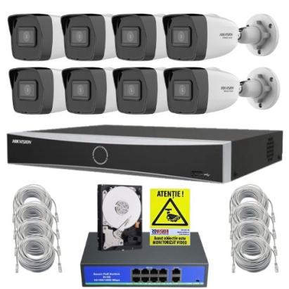 Sistem supraveghere complet Hikvision HiWatch cu functii inteligente, 8 camere 4MP, IR 30m, PoE, NVR 8 canale AcuSense, HDD 1TB, Accesorii montaj SafetyGuard Surveillance