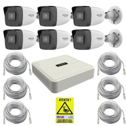 Sistem supraveghere IP HiWatch, 6 camere, 4MP, PoE, IR 30m, NVR 8 canale PoE, Accesorii montaj SafetyGuard Surveillance