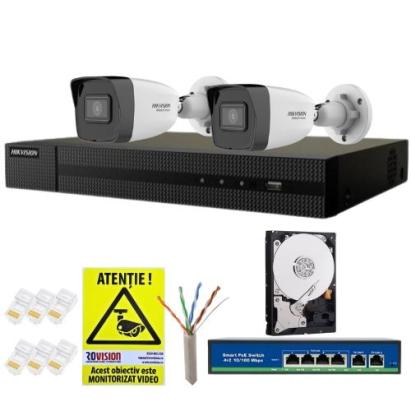 Kit supraveghere IP Hikvision HiWatch, 2 camere 4MP, Infrarosu 30m, PoE, NVR 4 canale, Hard 500GB, Switch PoE, Accesorii montaj SafetyGuard Surveillance