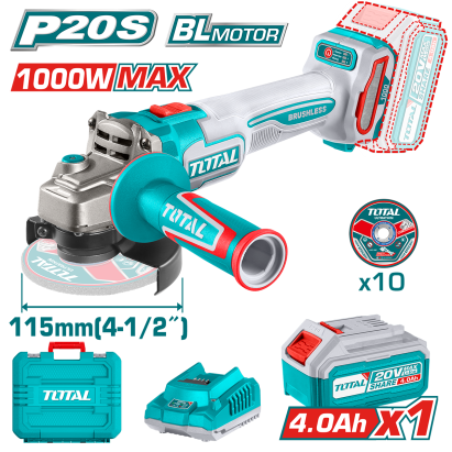 TOTAL - POLIZOR UNGHIULAR -115MM - 20V - 4.0Ah, MOTOR FARA PERII (INCLUDE 1 ACUMULATOR, 1 INCARCATOR PowerTool TopQuality