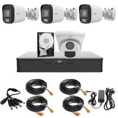 Kit supraveghere 3 mini camere Uniview, ColorHunter, 5MP 2K+, Lumina Alba 20m, Vedere color pe timp de noapte, 1 camera dome 2MP, IR 20m, Microfon, Accesorii montaj, Vizualizare de pe telefon SafetyGuard Surveillance