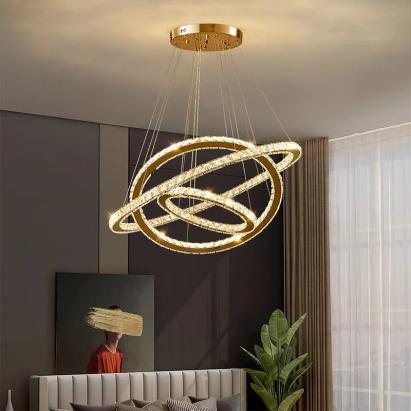 Lustra LED PRISM Luminis, Cristal si Metal, 210W, 4 Cercuri, Dimabila, Inaltime Reglabila, Lumina Rece/Calda/Neutra, Iluminat Luxos ModernLight Concept