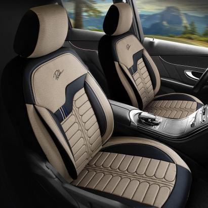 Set Huse Scaune Auto Panda Londra, cu fermoare pentru bancheta rabatabila, bej - negru , 11 piese Automobile ProTravel