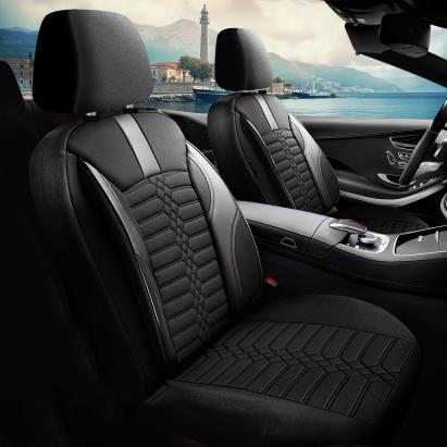 Set Huse Scaune Auto Panda Atena, material textil cu piele ecologica, cu fermoare pentru bancheta rabatabila, negru cu gri, 11 piese Automobile ProTravel