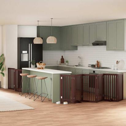 Poartă câini pliabilă cu ușă 9 panouri maro, 450 cm, lemn plop GartenMobel Dekor