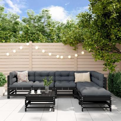 Set mobilier grădină cu perne, 7 piese, negru, lemn masiv pin GartenMobel Dekor