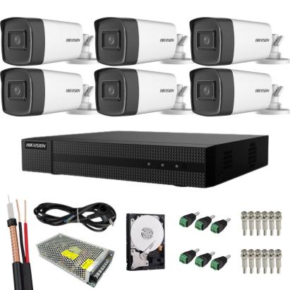Sistem supraveghere complet Hikvision Turbo HD, Functii inteligente, 6 camere Bullet, 5MP, IR 40 m, HDD 1TB inclus, Vizualizare de pe mobil, Accesorii montaj SafetyGuard Surveillance