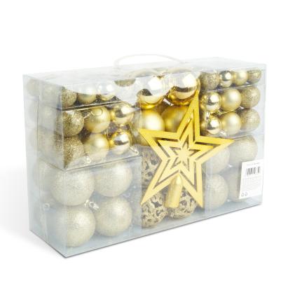 Set 100 Decoratiuni pentru Bradul de Craciun, Globuri cu Diametru de 3-6 cm si Varf Stea, Culoare Auriu