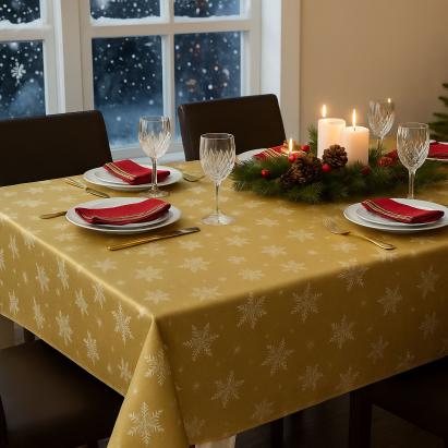 Față de masă decorativă – 140 x 240 cm – 100% poliester – model fulg de nea, culoare aurie Best CarHome