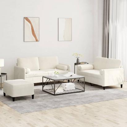 Set de canapele cu perne, 3 piese, crem, catifea GartenMobel Dekor