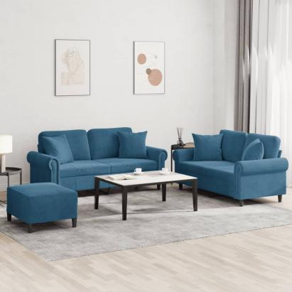 Set de canapele cu perne, 3 piese, albastru, catifea GartenMobel Dekor