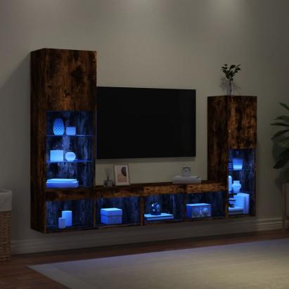 Unități de perete TV cu LED-uri, 4 piese, stejar fumuriu, lemn GartenMobel Dekor