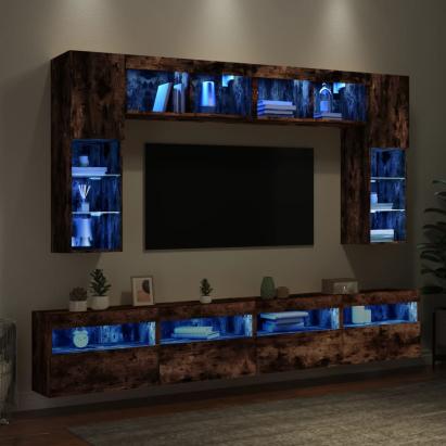 Comode TV de perete cu lumini LED, 8 piese, stejar fumuriu GartenMobel Dekor