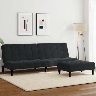 Canapea extensibilă cu taburet, 2 locuri, negru, catifea GartenMobel Dekor