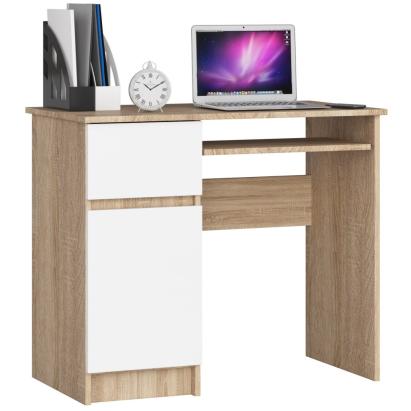 Birou computer PIKSEL, cu sertar, dulap si raft pentru tastatura, stanga, 90x50x77 cm, stejar sonoma si alb Household NewTrend
