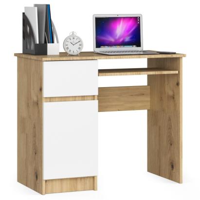 Birou computer PIKSEL, cu sertar, dulap si raft pentru tastatura, stanga, 90x50x77 cm, stejar artisan si alb Household NewTrend