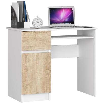 Birou computer PIKSEL, cu sertar, dulap si raft pentru tastatura, stanga, 90x50x77 cm, alb si stejar sonoma Household NewTrend