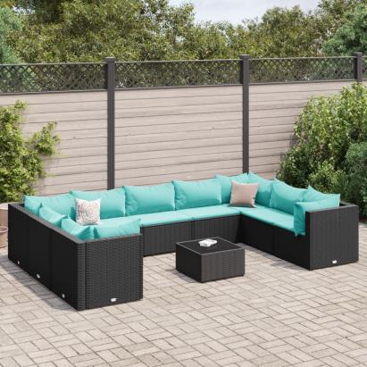 Set mobilier de grădină cu perne, 10 piese, negru, poliratan GartenMobel Dekor