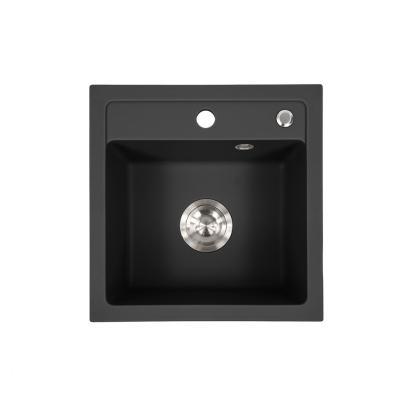 Leziter Chiuvetă pătrată Nia din granit cu o singură cuvă și sifon, neagră Mobalis Homvera