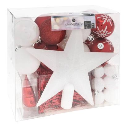 Set decoratiuni Craciun, 44 piese, cu globuri, ghirlanda si varf de brad, rosu si alb Household NewTrend