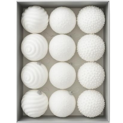 Set 12 globuri Craciun cu sclipici, 3 modele diferite, polistiren, diametru 8 cm, alb Household NewTrend