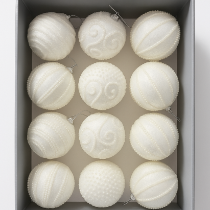 Set 12 globuri decorative cu sclipici si paiete, 3 modele asortate, diametru 8 cm, alb Household NewTrend