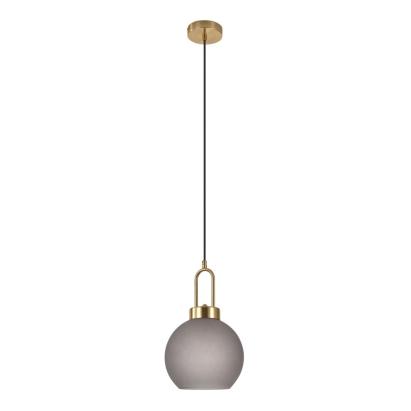 House Nordic Lampă suspendată Luton, sticlă fumurie mată, soclu de culoarea cuprului, formă sferică, 20 cm, cablu din material textil 150 cm Mobalis Homvera