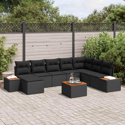 Set de canapele pentru grădină cu pernă 9 pcs Negru poliratan GartenMobel Dekor