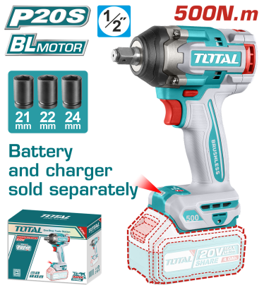TOTAL - MASINA DE INSURUBAT CU IMPACT - 20V - MOTOR FARA PERII (NU INCLUDE ACUMULATOR) 1/2'' PowerTool TopQuality