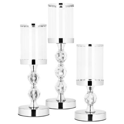 Set 3 sfesnice metalice cu glob cristal si abajur sticla, 28-41 cm, argintiu Household NewTrend