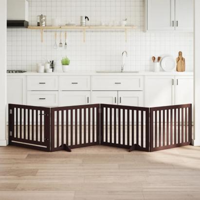 Poartă câini pliabilă cu ușă 4 panouri maro, 320 cm, lemn plop GartenMobel Dekor