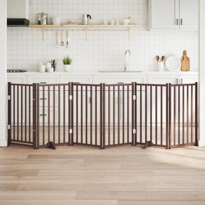 Poartă câini pliabilă cu ușă 6 panouri maro 300 cm, lemn brad GartenMobel Dekor