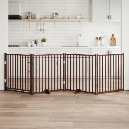 Poartă câini pliabilă cu ușă 4 panouri maro 320 cm, lemn brad GartenMobel Dekor