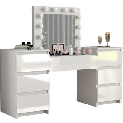 Masa de toaleta/machiaj, alba, sertare lucioase, cu oglinda si LED-uri, Antonia, 155x42x135 cm GartenVIP DiyLine