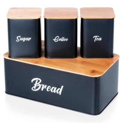 Set de cutie pentru pâine și 3 recipiente pentru cafea, ceai și zahăr – metal negru cu capac din bambus (4 piese) Handy KitchenServ