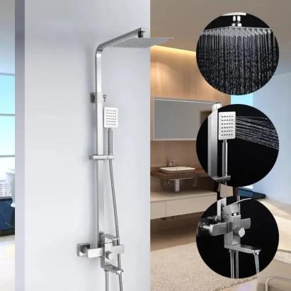 SET Coloana de dus cu baterie, Inox, para patrata, efect ploaie, 3 functii, montare pe perete, Satinat, Accesorii Incluse, LY005 ModernLight Concept