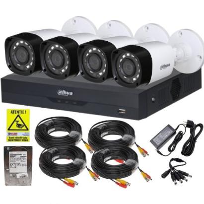 Kit supraveghere complet Dahua 4 camere 2MP IR 20m, DVR 4 canale 5MP WizSense inteligenta artificiala, accesorii, HDD 500GB + Autocolant Rovision SafetyGuard Surveillance