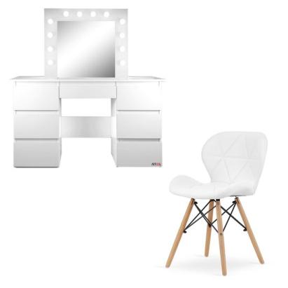 Masa de toaleta/machiaj + Scaun stil scandinav Lago, alba, cu oglinda si LED-uri, Vanessa, 130x43x143 cm GartenVIP DiyLine