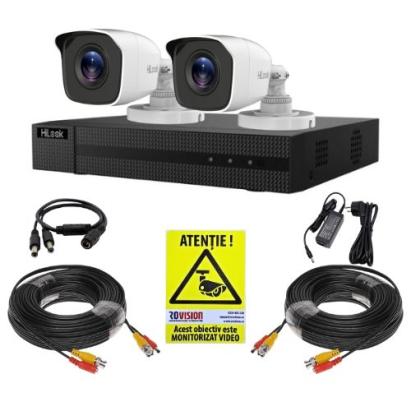 Kit supraveghere cu dectectie om/vehicul Hikvision Hilook, 2 camere 5MP, IR 20m, DVR 4 canale, Accesorii montaj, Vizualizare de pe mobil SafetyGuard Surveillance