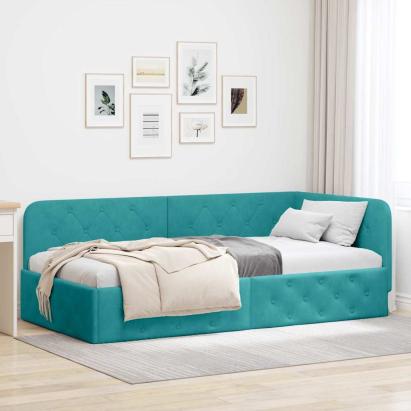 Cadru de pat colțar cu headboard Turcoaz 90 x 190 cm Catifea GartenMobel Dekor
